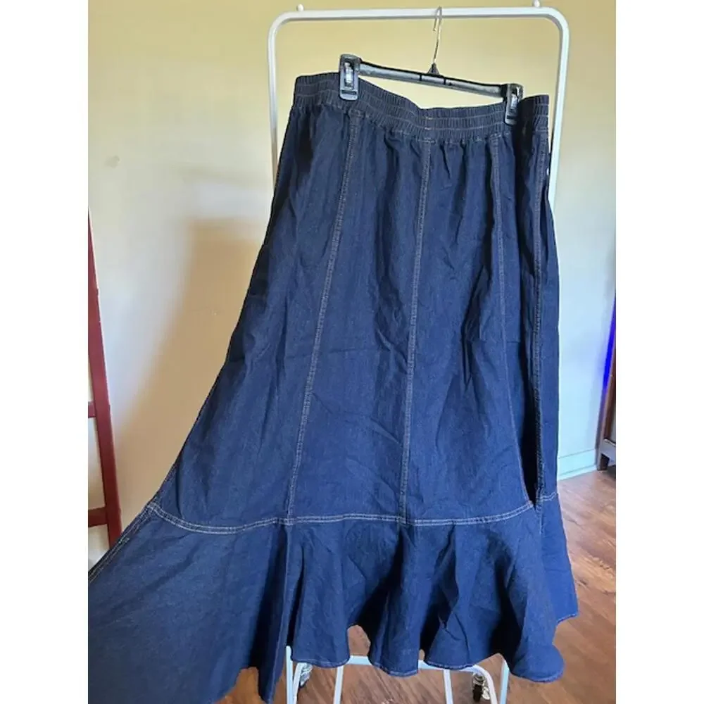 Dark Blue Denim Maxi Skirt with Ruffle Hem, Size 3XL - Picture 1 of 3